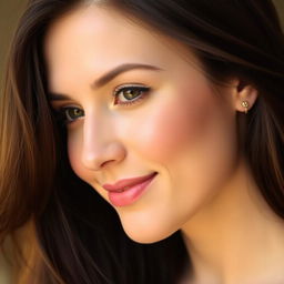 A close-up portrait of a woman with long, flowing brunette hair