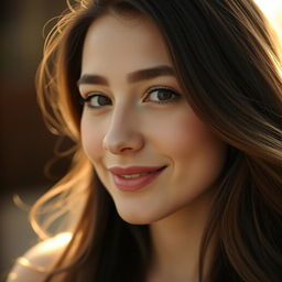 A close-up portrait of a woman with long, flowing brunette hair
