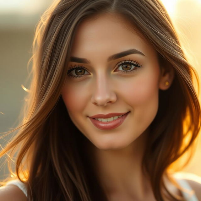 A close-up portrait of a woman with long, flowing brunette hair