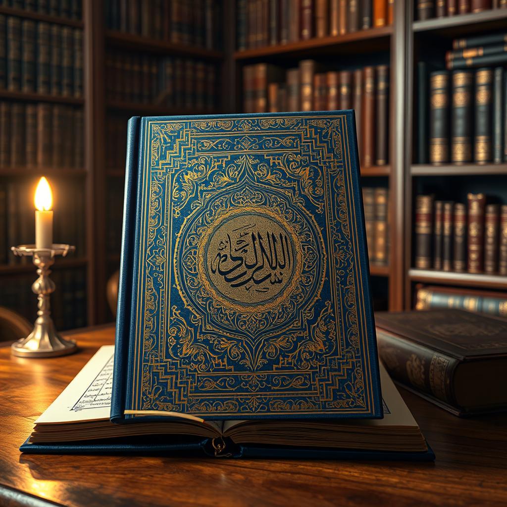 A captivating representation of the book 'Oldest Manuscript of Quran' authored by Golam Mahammad, featuring an elegantly designed cover adorned with intricate Islamic patterns, rich gold and blue colors