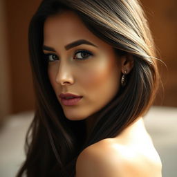 A portrait of a stunning brunette woman with long, flowing hair styled elegantly