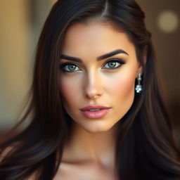 A portrait of a stunning brunette woman with long, flowing hair styled elegantly