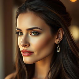 A portrait of a stunning brunette woman with long, flowing hair styled elegantly