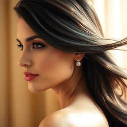 A portrait of a stunning brunette woman with long, flowing hair styled elegantly