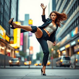 A dynamic and striking image of a confident woman performing a high kick while wearing stylish high heels