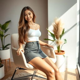 A stylish young woman wearing a fashionable mini skirt is sitting on a chair in an aesthetically pleasing room