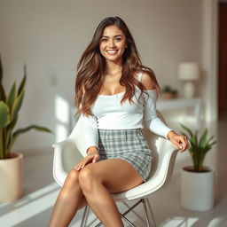 A stylish young woman wearing a fashionable mini skirt is sitting on a chair in an aesthetically pleasing room