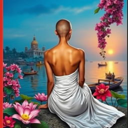 A vibrant book cover featuring a slim, slender woman's back in a flowing white sari, her bare shoulders exposed