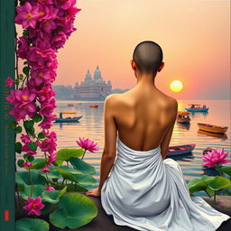 A vibrant book cover featuring a slim, slender woman's back in a flowing white sari, her bare shoulders exposed