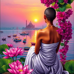 A vibrant book cover featuring a slim, slender woman's back in a flowing white sari, her bare shoulders exposed