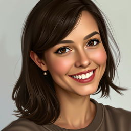 A realistic portrait of a brunette woman with medium-length hair, showcasing her ear prominently