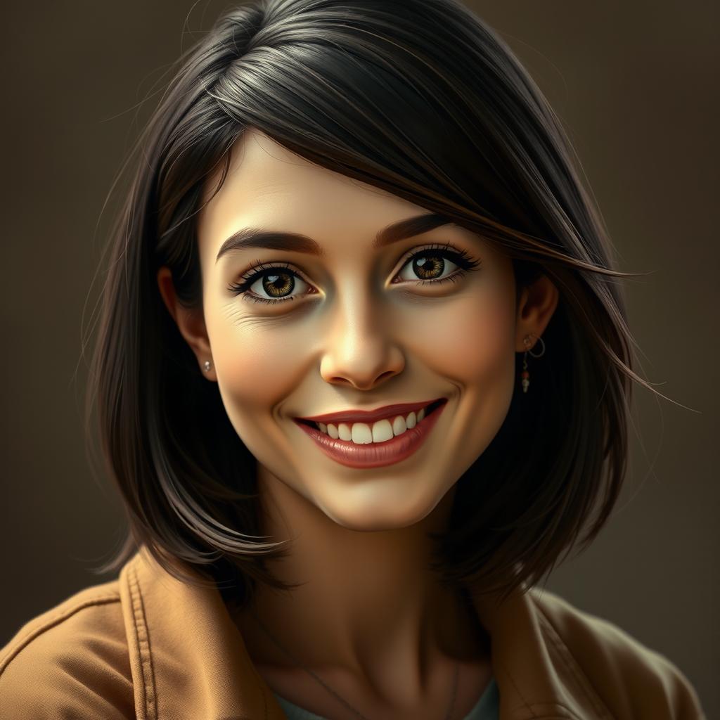 A realistic portrait of a brunette woman with medium-length hair, showcasing her ear prominently