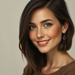 A realistic portrait of a brunette woman with medium-length hair, showcasing her ear prominently
