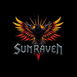 A vibrant and edgy logo design for a hard rock band named 'Sunraven'