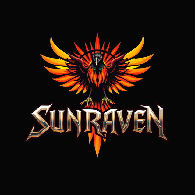 A vibrant and edgy logo design for a hard rock band named 'Sunraven'