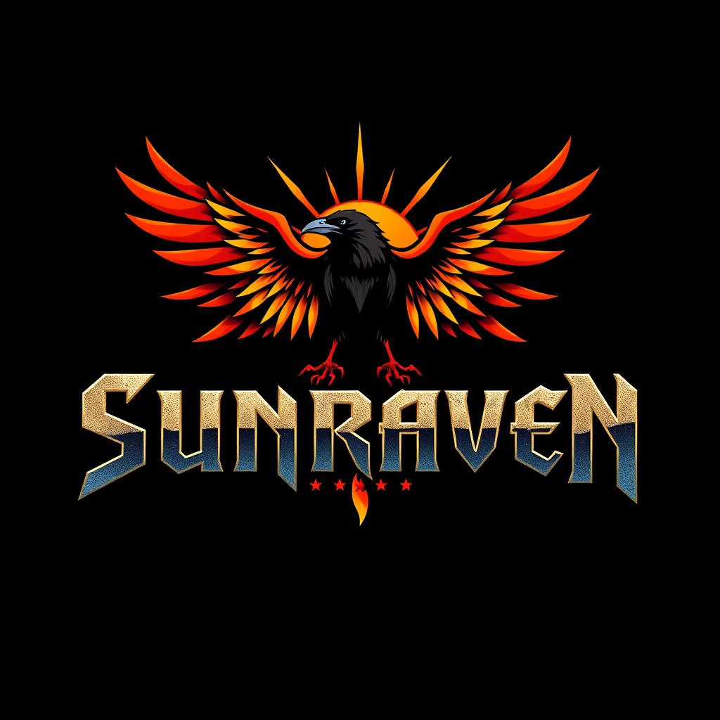 A vibrant and edgy logo design for a hard rock band named 'Sunraven'