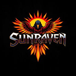 A vibrant and edgy logo design for a hard rock band named 'Sunraven'