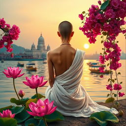 A vibrant book cover featuring the back of a slim, slender woman draped in a flowing white sari, with a tonsured head and no jewelry