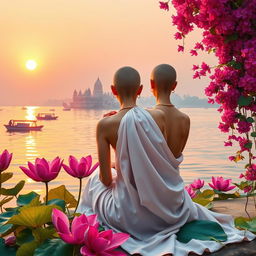 A vibrant book cover featuring the back of a slim, slender woman draped in a flowing white sari, with a tonsured head and no jewelry