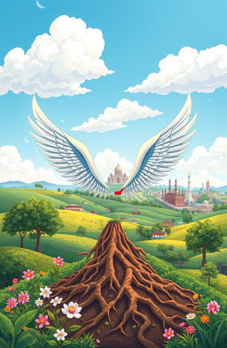 A beautifully illustrated scene of a journey from the roots to wings, depicting a vibrant landscape transitioning from a lush, green countryside to a bustling cityscape representing Aligarh