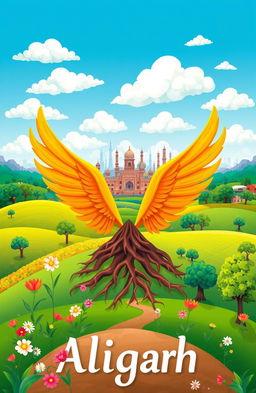 A beautifully illustrated scene of a journey from the roots to wings, depicting a vibrant landscape transitioning from a lush, green countryside to a bustling cityscape representing Aligarh