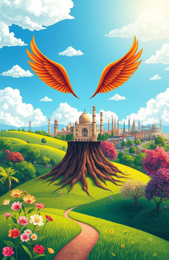 A beautifully illustrated scene of a journey from the roots to wings, depicting a vibrant landscape transitioning from a lush, green countryside to a bustling cityscape representing Aligarh