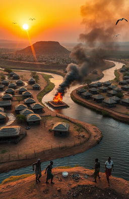 An aerial view of a vibrant scene featuring three African villages separated by a flowing river, which approaches a hill and divides into two