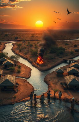 An aerial view of a vibrant scene featuring three African villages separated by a flowing river, which approaches a hill and divides into two