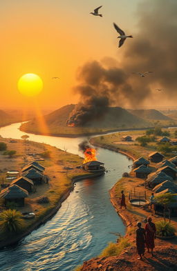 An aerial view of a vibrant scene featuring three African villages separated by a flowing river, which approaches a hill and divides into two