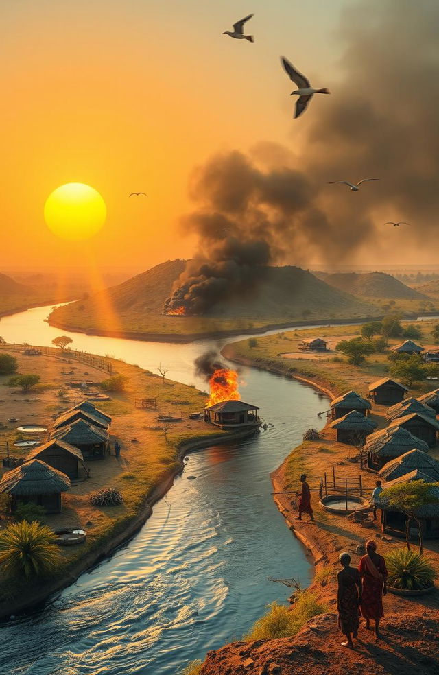 An aerial view of a vibrant scene featuring three African villages separated by a flowing river, which approaches a hill and divides into two