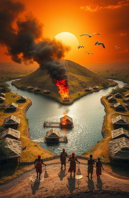 An aerial view of a vibrant scene featuring three African villages separated by a flowing river, which approaches a hill and divides into two