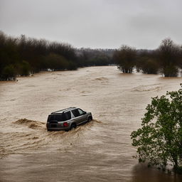 An SUV caught in the tumultuous currents of a flooded river, painting a dramatic picture of nature's wrath.