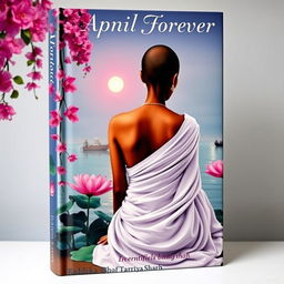 A vibrant book cover featuring a slim, slender woman's back draped in a flowing white sari, showcasing her tonsured head with no jewelry