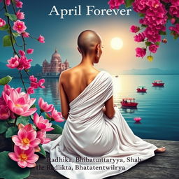 A vibrant book cover featuring a slim, slender woman's back draped in a flowing white sari, showcasing her tonsured head with no jewelry