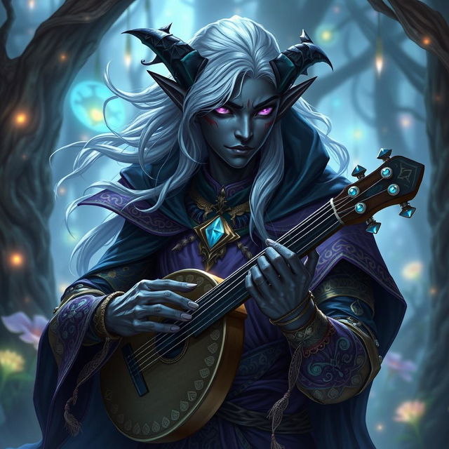 A male Seldarine drow bard in a mystical fantasy setting, showcasing his striking features—dark skin with a hint of luminescent blue, silver hair flowing elegantly, and piercing violet eyes