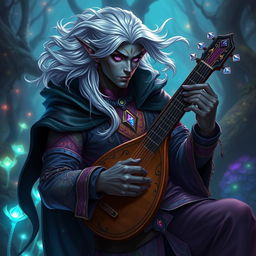 A male Seldarine drow bard in a mystical fantasy setting, showcasing his striking features—dark skin with a hint of luminescent blue, silver hair flowing elegantly, and piercing violet eyes