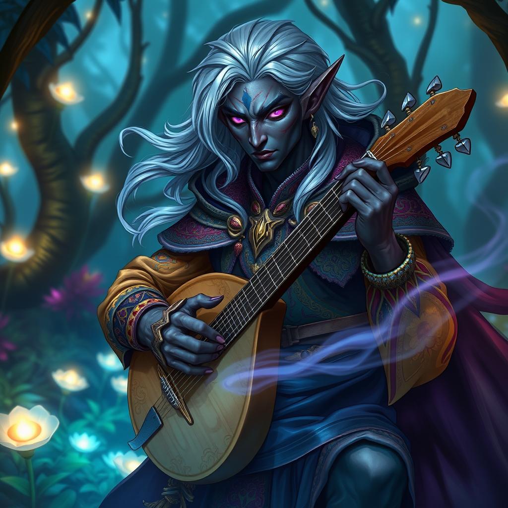 A male Seldarine drow bard in a mystical fantasy setting, showcasing his striking features—dark skin with a hint of luminescent blue, silver hair flowing elegantly, and piercing violet eyes