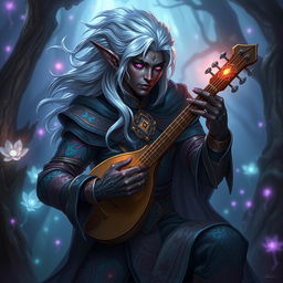 A male Seldarine drow bard in a mystical fantasy setting, showcasing his striking features—dark skin with a hint of luminescent blue, silver hair flowing elegantly, and piercing violet eyes