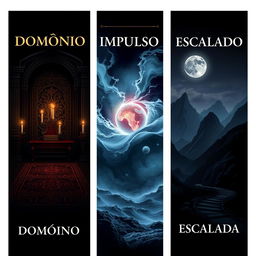 Three book covers designed with a high-level aesthetic, each reflecting a dark, mysterious theme suitable for ancient texts with a history of 1000 years