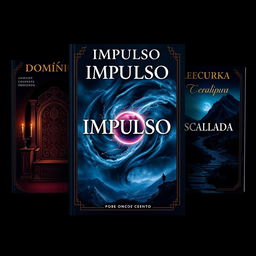 Three book covers designed with a high-level aesthetic, each reflecting a dark, mysterious theme suitable for ancient texts with a history of 1000 years