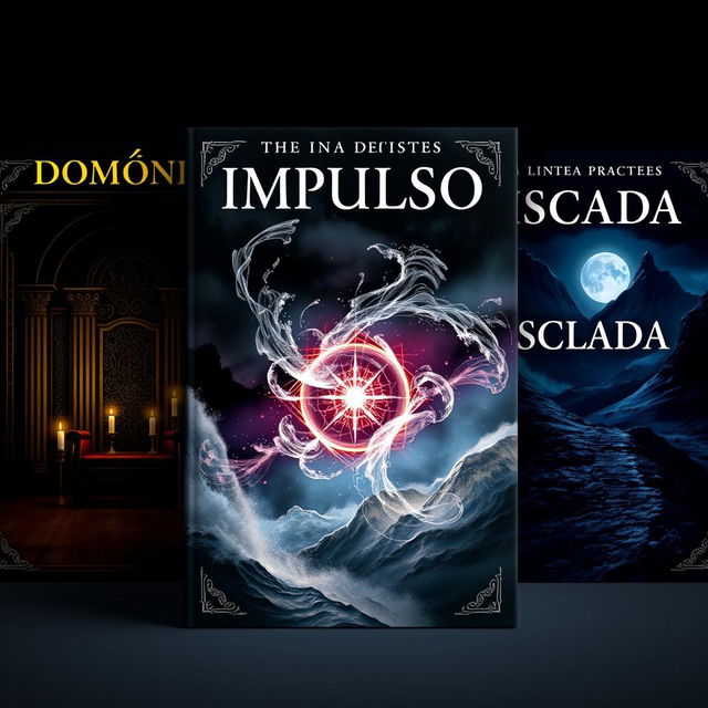 Three book covers designed with a high-level aesthetic, each reflecting a dark, mysterious theme suitable for ancient texts with a history of 1000 years