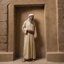 In a drastic turn of events, the radiant Prophet Ibrahim is imprisoned in ancient Babylon. His serene, glowing figure contrasts with the grim, dark confines of his prison, casting a riveting image of spiritual strength amid adversity.