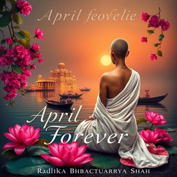 A vibrant book cover featuring a realistic slim, slender woman’s back dressed in a flowing white sari, with a tonsured head