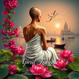 A vibrant book cover featuring a realistic slim, slender woman’s back dressed in a flowing white sari, with a tonsured head