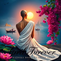 A vibrant book cover featuring a realistic slim, slender woman’s back dressed in a flowing white sari, with a tonsured head