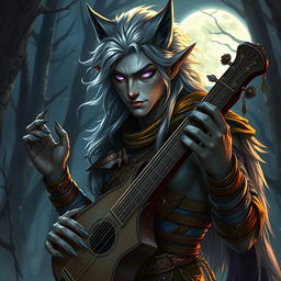 A male werewolf drow bard in a captivating fantasy setting, showcasing his unique hybrid form with wolf-like features—sharp elongated ears, flowing silver hair, and striking violet eyes that glow with a mystical intensity