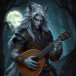 A male werewolf drow bard in a captivating fantasy setting, showcasing his unique hybrid form with wolf-like features—sharp elongated ears, flowing silver hair, and striking violet eyes that glow with a mystical intensity