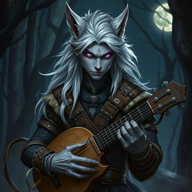 A male werewolf drow bard in a captivating fantasy setting, showcasing his unique hybrid form with wolf-like features—sharp elongated ears, flowing silver hair, and striking violet eyes that glow with a mystical intensity