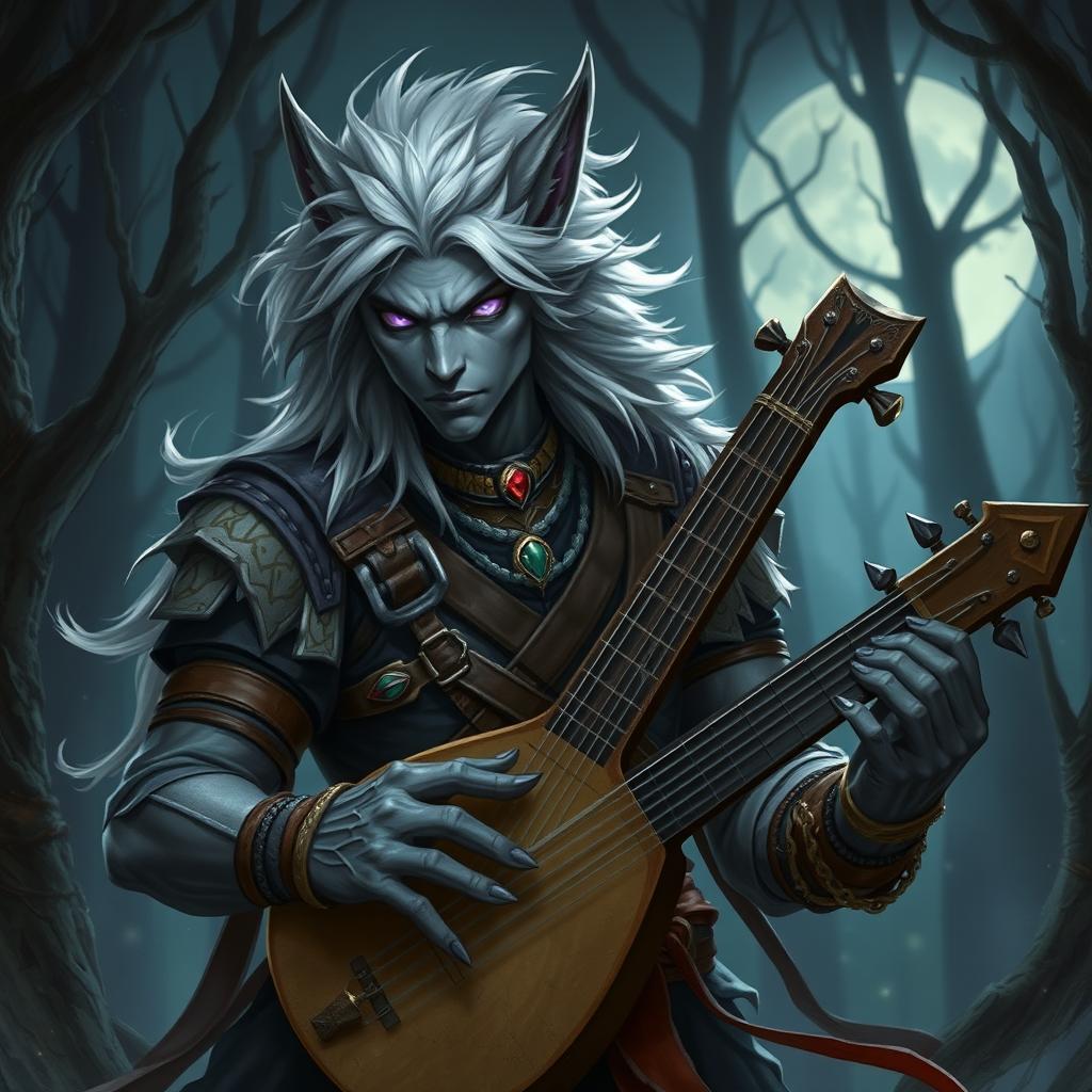 A male werewolf drow bard in a captivating fantasy setting, showcasing his unique hybrid form with wolf-like features—sharp elongated ears, flowing silver hair, and striking violet eyes that glow with a mystical intensity