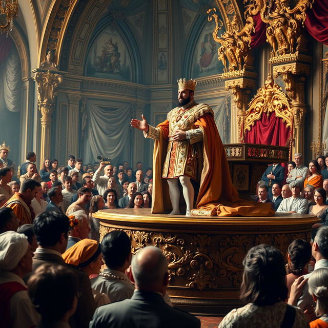 A grand scene depicting a French monarch, adorned in opulent royal attire, standing majestically on a large ornate platform